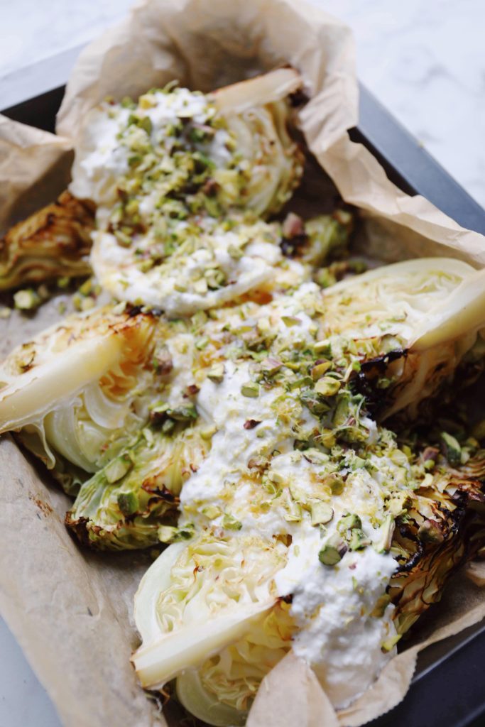 Baked pointed cabbage with burrata