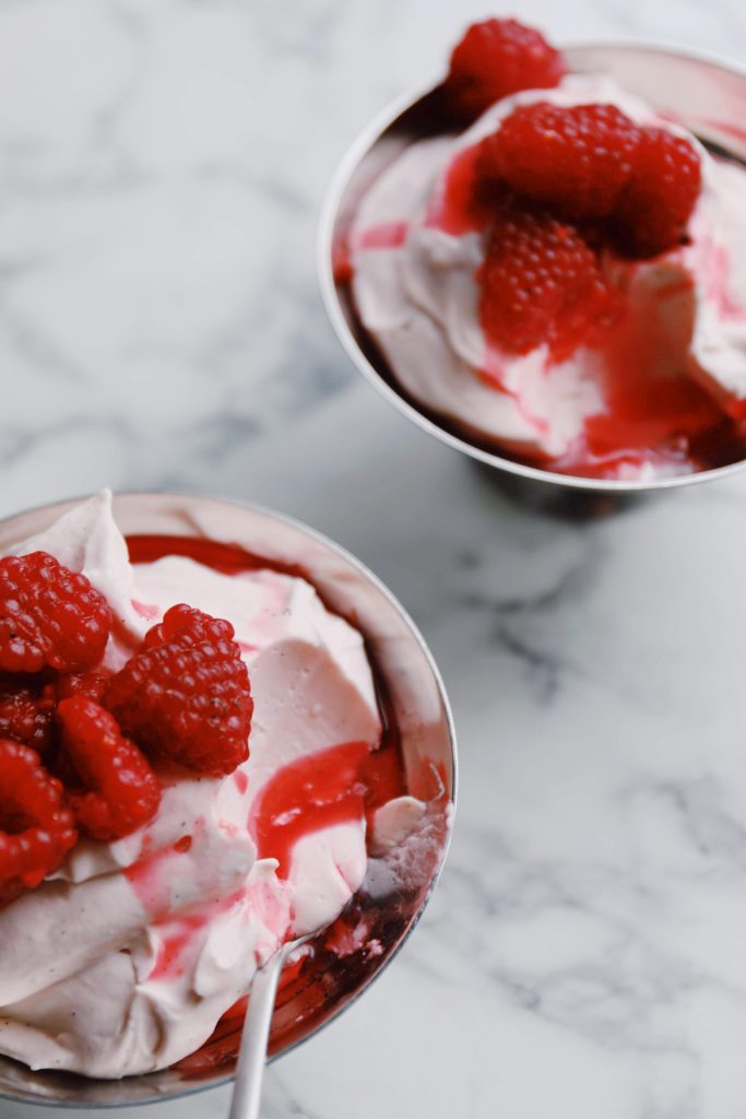 Whipped panna cotta with raspberries