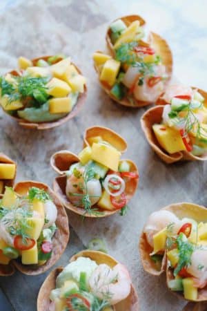 Wontonskåle med avocado og rejer