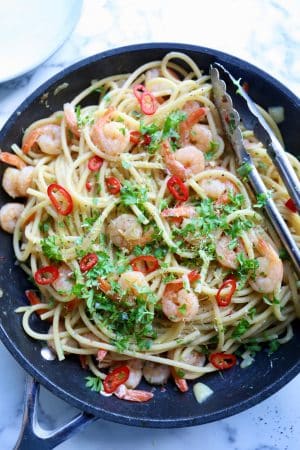 Pasta med rejer og hvidløg