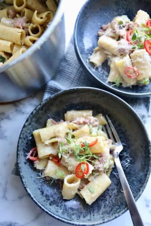 Pasta med salsiccia og squash